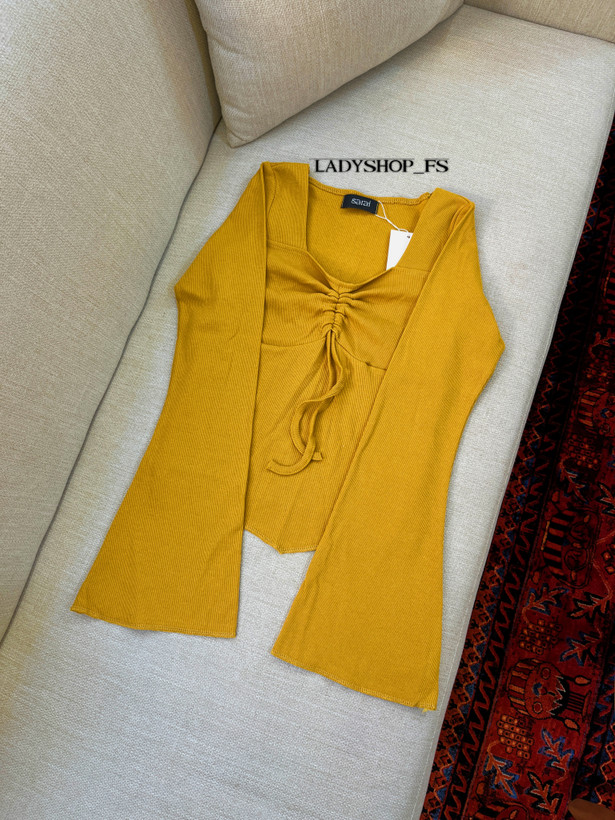 بلوز کبریتی آستین کلوش خردلی